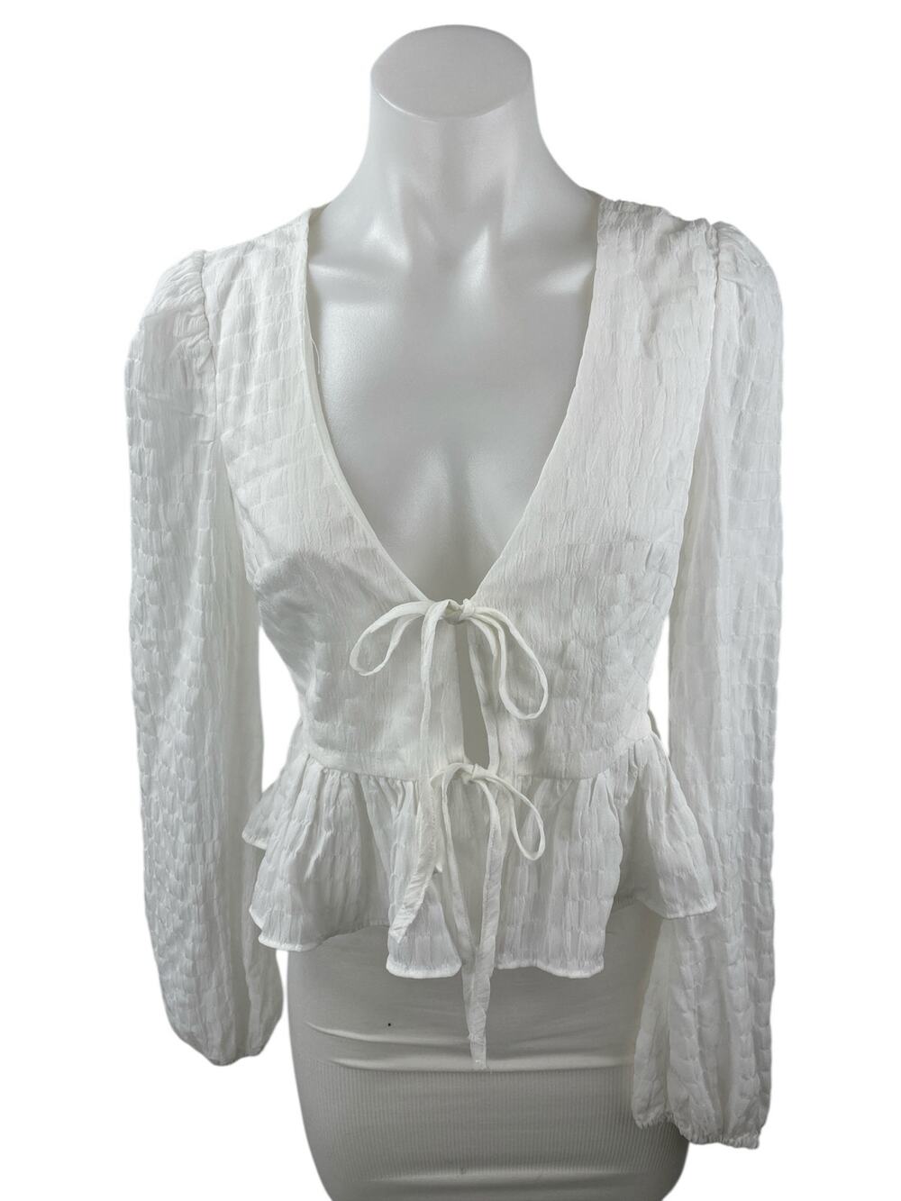 NEW Lulus White Plunge Neck Tie Front Long Puff Sleeve Peplum Blouse Top Size S